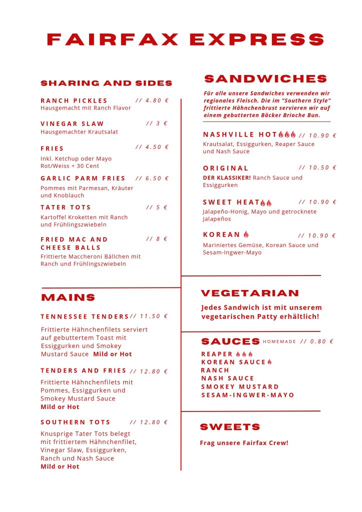 Menu FAIRFAX EXPRESS